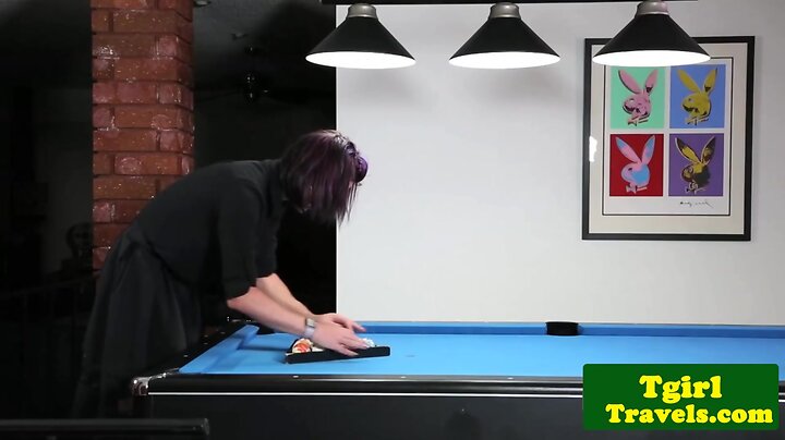 Busty trans trap tugs hard cock on pool table