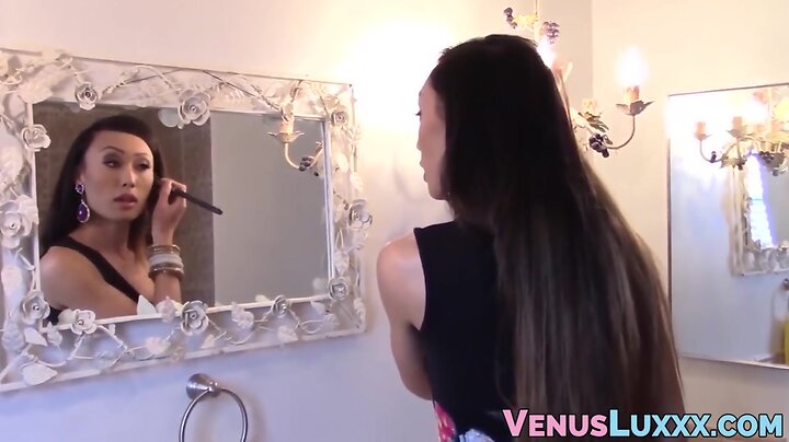 Lascivious t-girl does makeup before masturbation