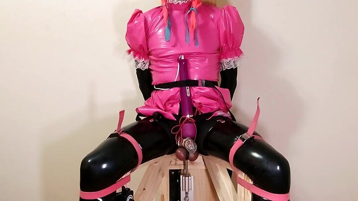 Chastity crossdresser maid strapped to fucking machine chair fed own cum