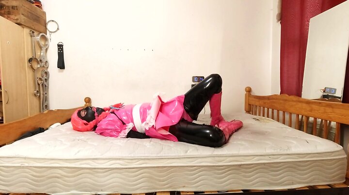Crossdresser maid armbinder self bondage in new maid dress and ballet boots