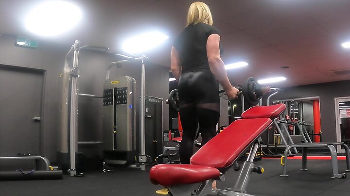 Muscled sissy gym workout with public exposure and cumshot