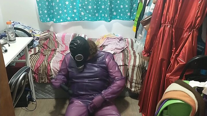 Latex jelly loose purple body suit over swimsuit gasmask breathplay vibrator play