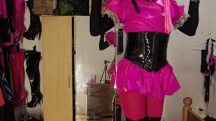 Self bondage in new boots: sissy maids chastity cage spiked